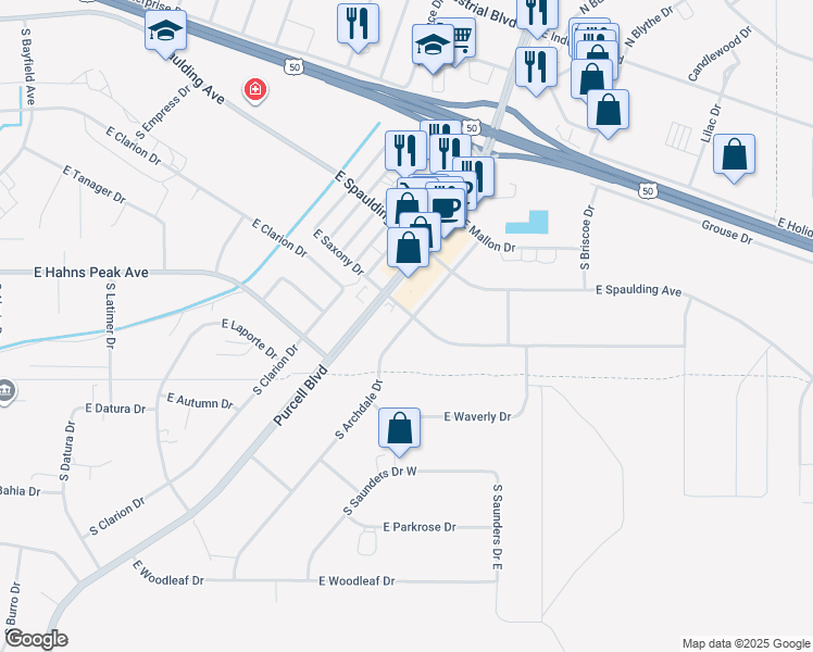 map of restaurants, bars, coffee shops, grocery stores, and more near 334 South Archdale Drive in Pueblo West
