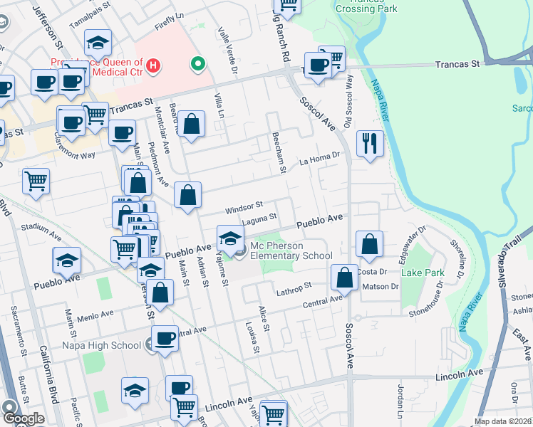 map of restaurants, bars, coffee shops, grocery stores, and more near 841 Laguna Street in Napa