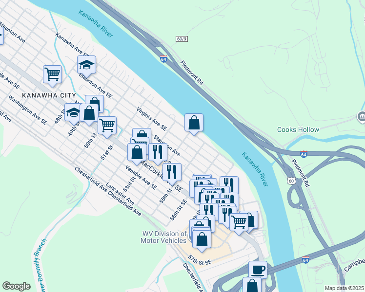 map of restaurants, bars, coffee shops, grocery stores, and more near 109 55th Street Southeast in Charleston