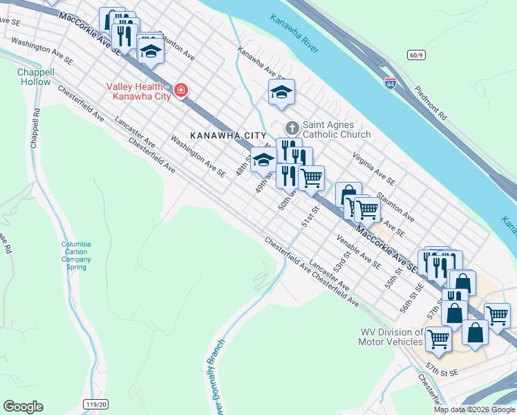 map of restaurants, bars, coffee shops, grocery stores, and more near 4920 Lancaster Avenue in Charleston