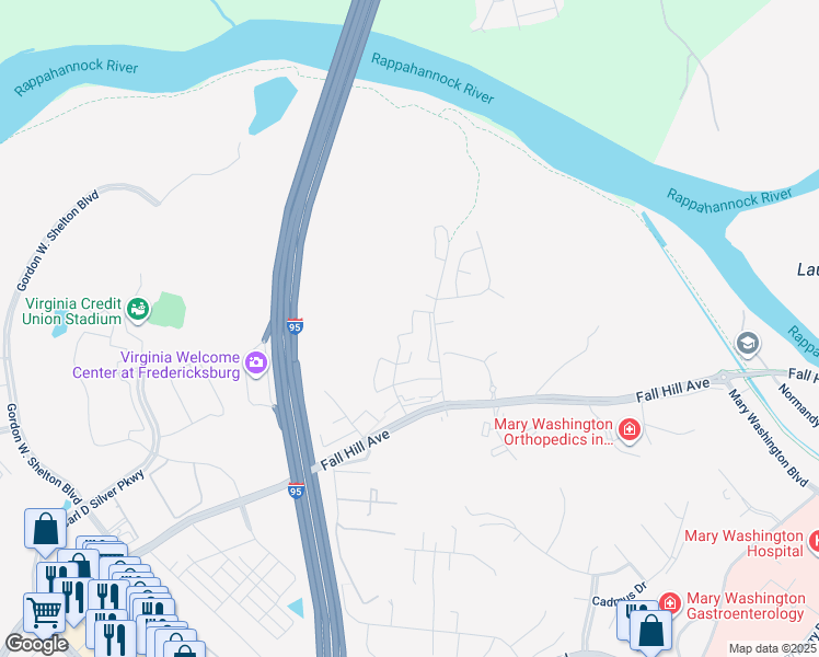 map of restaurants, bars, coffee shops, grocery stores, and more near 409 Rann Court in Fredericksburg
