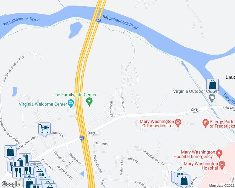map of restaurants, bars, coffee shops, grocery stores, and more near 424 Rann Court in Fredericksburg