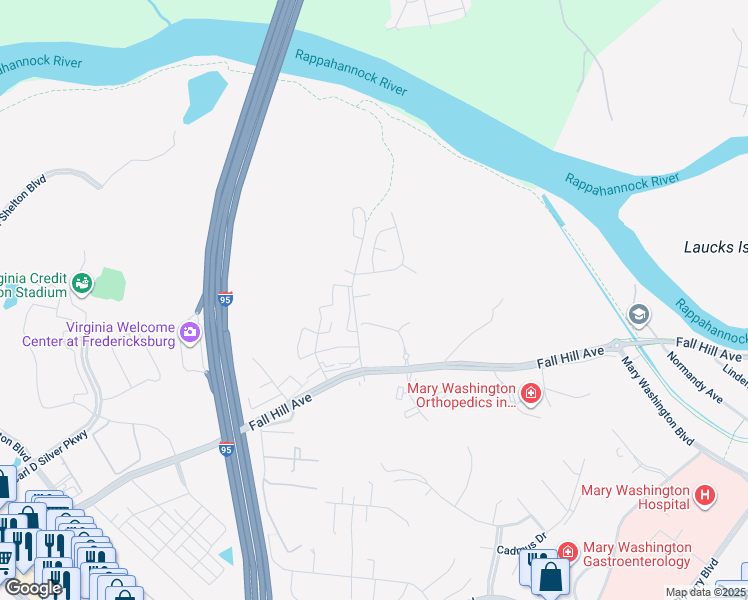 map of restaurants, bars, coffee shops, grocery stores, and more near 1004 Edgewater Court in Fredericksburg