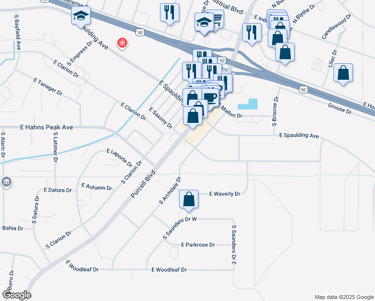 map of restaurants, bars, coffee shops, grocery stores, and more near 334 South Archdale Drive in Pueblo West