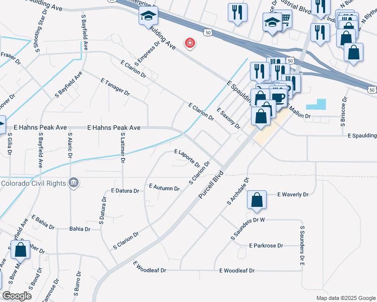 map of restaurants, bars, coffee shops, grocery stores, and more near 717 East Laporte Drive in Pueblo