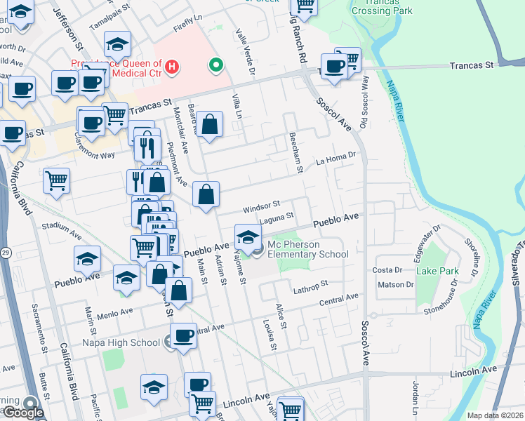 map of restaurants, bars, coffee shops, grocery stores, and more near 2719 Crocker Street in Napa