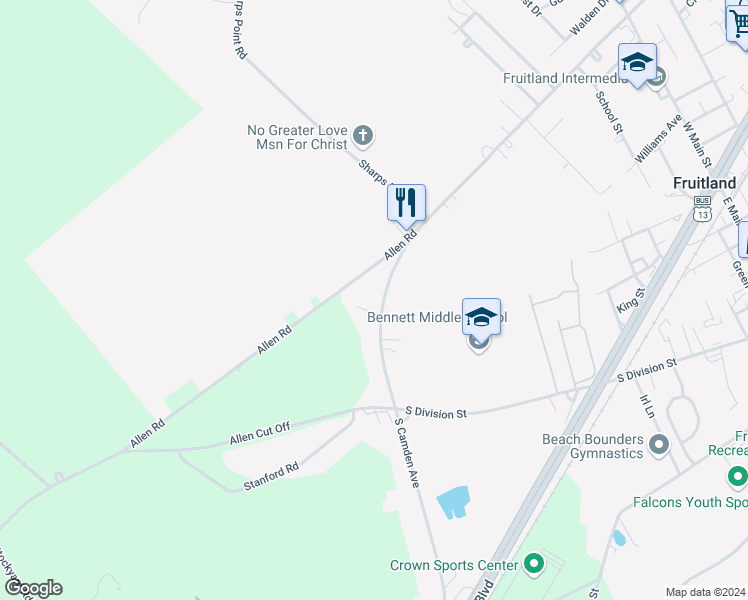 map of restaurants, bars, coffee shops, grocery stores, and more near 600 South Camden Avenue in Fruitland