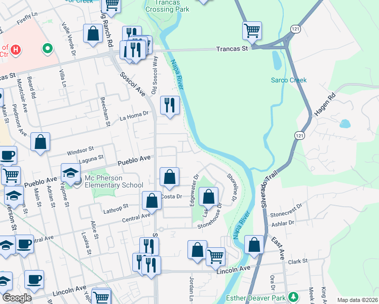 map of restaurants, bars, coffee shops, grocery stores, and more near Trout Way in Napa