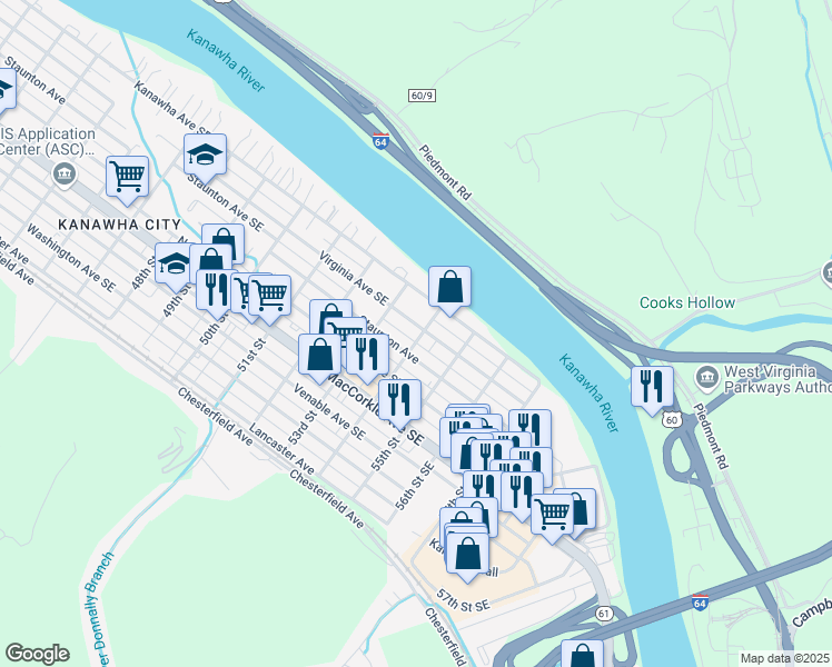 map of restaurants, bars, coffee shops, grocery stores, and more near 109 55th Street Southeast in Charleston