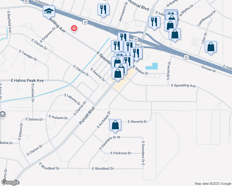 map of restaurants, bars, coffee shops, grocery stores, and more near 271 South Archdale Drive in Pueblo