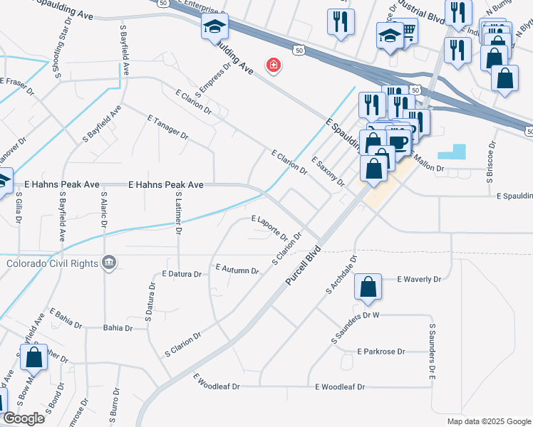 map of restaurants, bars, coffee shops, grocery stores, and more near 687 East Hahns Peak Avenue in Pueblo West