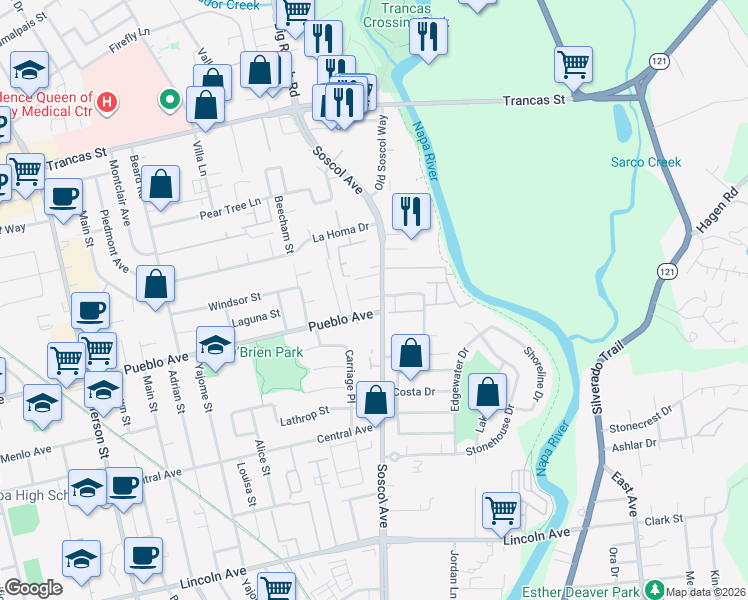 map of restaurants, bars, coffee shops, grocery stores, and more near 2705 Soscol Avenue in Napa