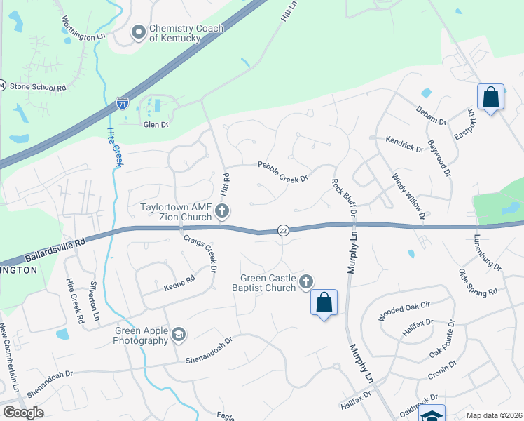 map of restaurants, bars, coffee shops, grocery stores, and more near 5508 Rock Valley Way in Louisville