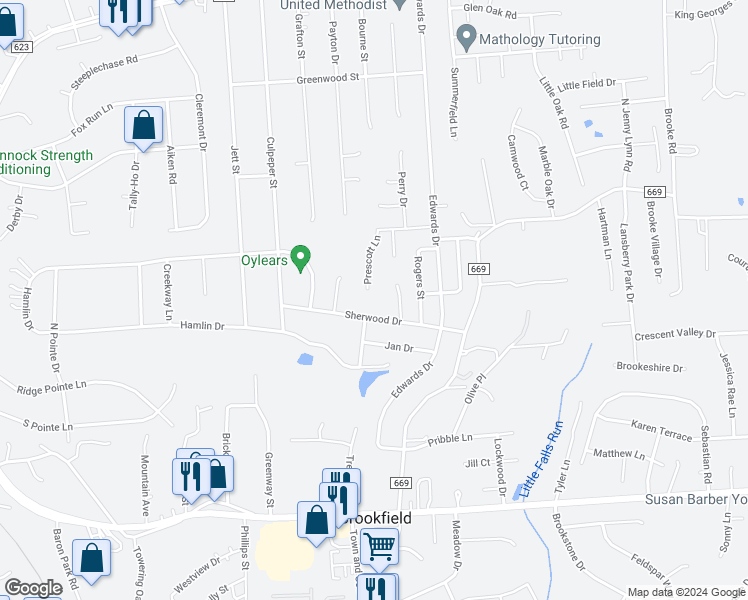 map of restaurants, bars, coffee shops, grocery stores, and more near 17 Prescott Lane in Fredericksburg