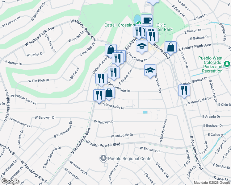map of restaurants, bars, coffee shops, grocery stores, and more near 193 West Idaho Springs Drive in Pueblo