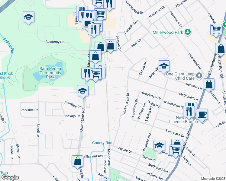 map of restaurants, bars, coffee shops, grocery stores, and more near 1836 Scott Road in New Albany