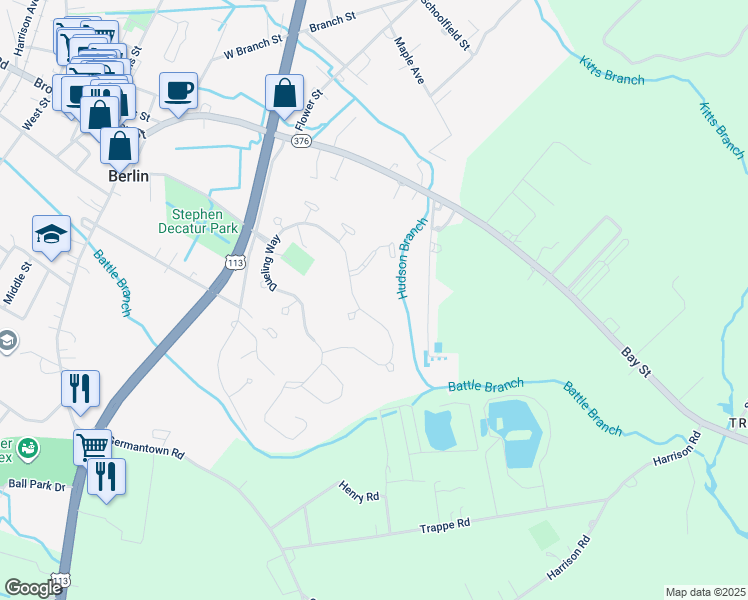 map of restaurants, bars, coffee shops, grocery stores, and more near 466 Dueling Way in Berlin