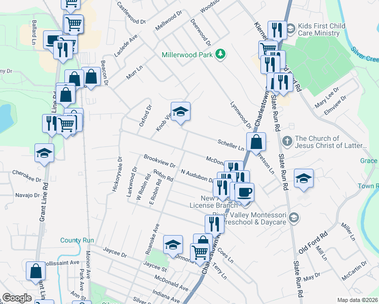 map of restaurants, bars, coffee shops, grocery stores, and more near 2647 Roanoke Avenue in New Albany