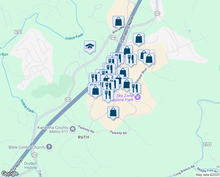 map of restaurants, bars, coffee shops, grocery stores, and more near 2810 Mountaineer Boulevard in Charleston