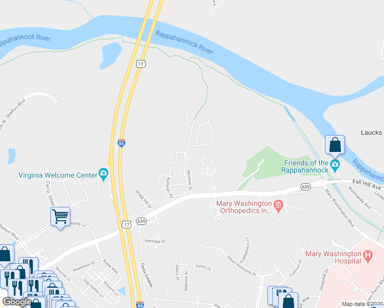 map of restaurants, bars, coffee shops, grocery stores, and more near 1007 Edgewater Court in Fredericksburg
