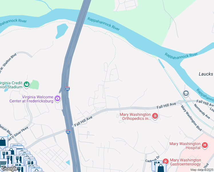 map of restaurants, bars, coffee shops, grocery stores, and more near 1007 Edgewater Court in Fredericksburg