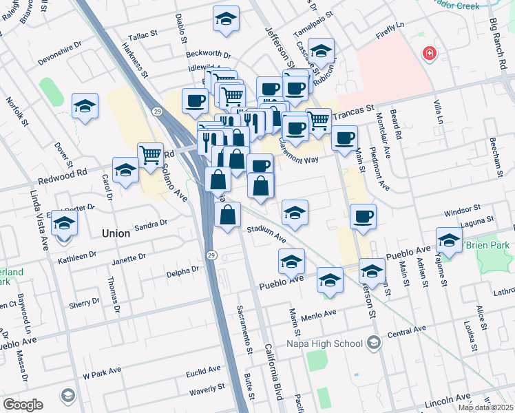 map of restaurants, bars, coffee shops, grocery stores, and more near 1758 Industrial Way in Napa