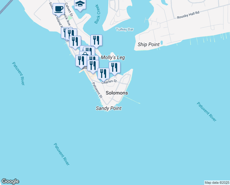 map of restaurants, bars, coffee shops, grocery stores, and more near Williams Street in Solomons