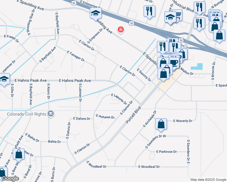map of restaurants, bars, coffee shops, grocery stores, and more near 668-696 East Hahns Peak Avenue in Pueblo West