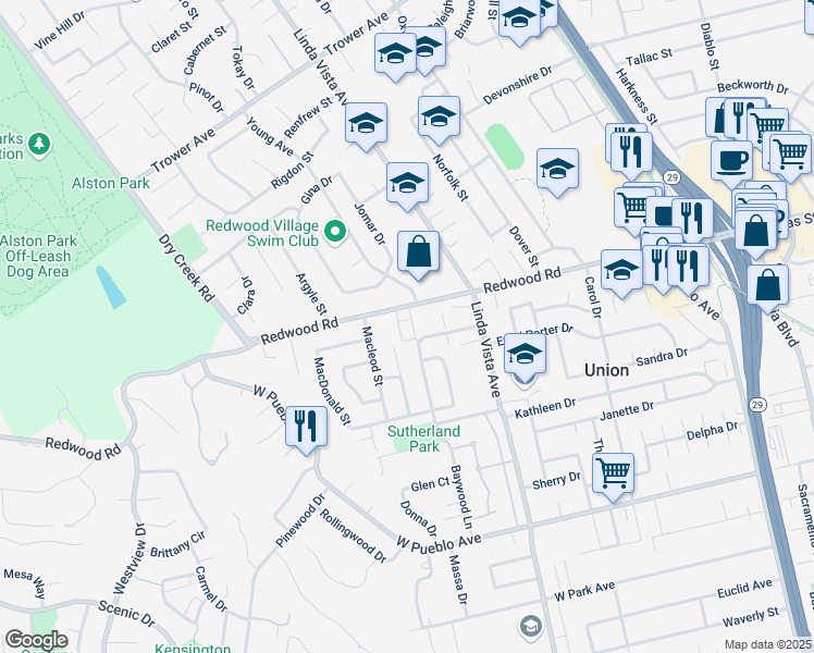 map of restaurants, bars, coffee shops, grocery stores, and more near 2441 Redwood Road in Napa