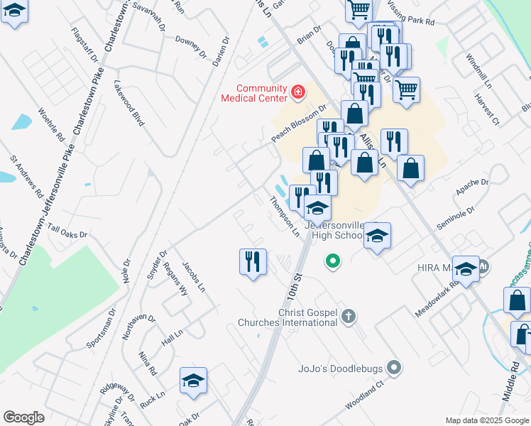 map of restaurants, bars, coffee shops, grocery stores, and more near 320-408 Thompson Lane in Jeffersonville
