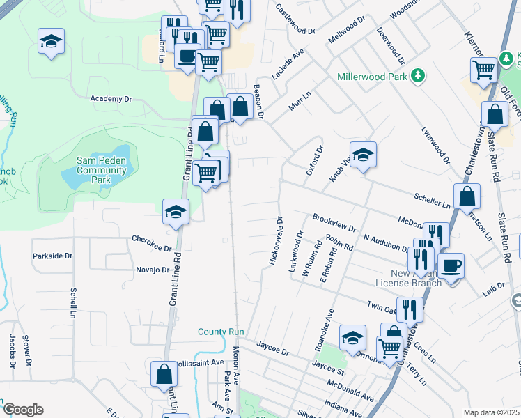 map of restaurants, bars, coffee shops, grocery stores, and more near 1820-1822 Scott Road in New Albany
