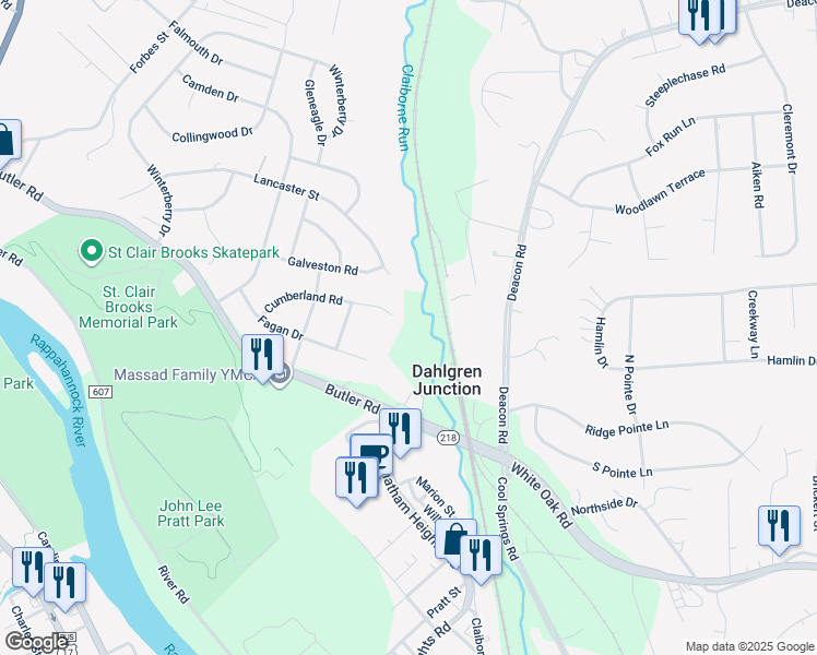 map of restaurants, bars, coffee shops, grocery stores, and more near 526 Cumberland Road in Fredericksburg
