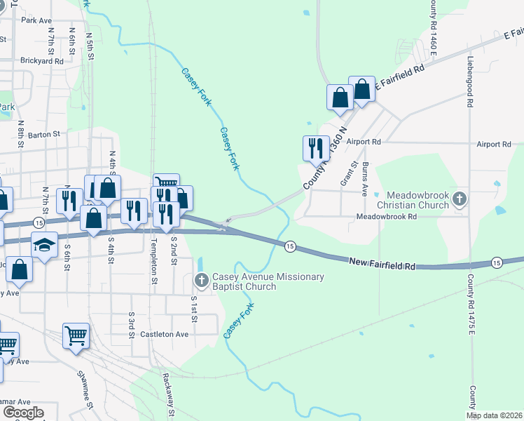 map of restaurants, bars, coffee shops, grocery stores, and more near 419 County Road 1360 North in Mount Vernon