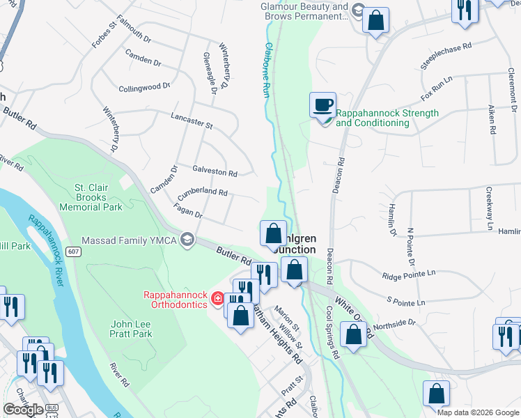 map of restaurants, bars, coffee shops, grocery stores, and more near 528 Cumberland Road in Fredericksburg