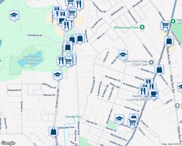 map of restaurants, bars, coffee shops, grocery stores, and more near 1820-1822 Scott Road in New Albany