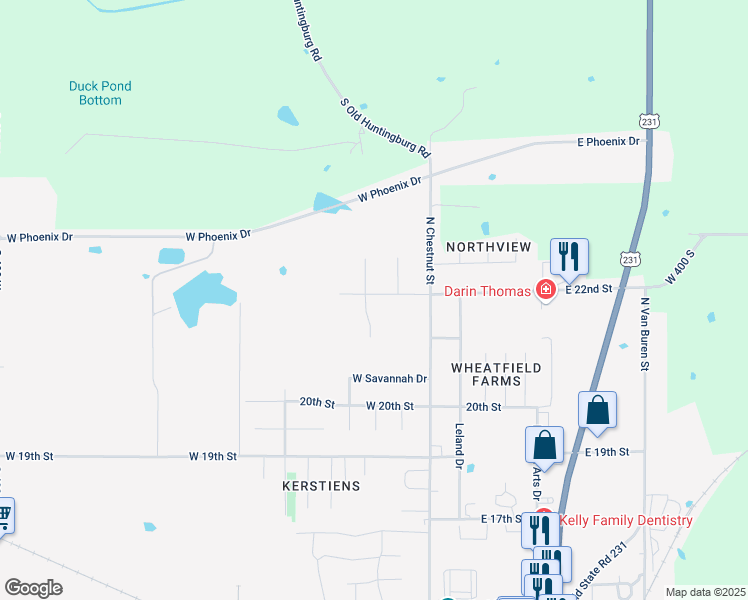 map of restaurants, bars, coffee shops, grocery stores, and more near 219 West 22nd Street in Huntingburg