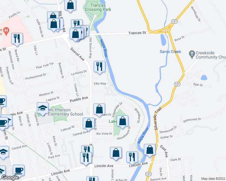 map of restaurants, bars, coffee shops, grocery stores, and more near 2730 Pike Drive in Napa