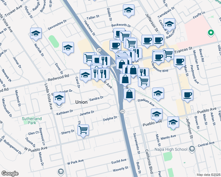 map of restaurants, bars, coffee shops, grocery stores, and more near 3360 Solano Avenue in Napa