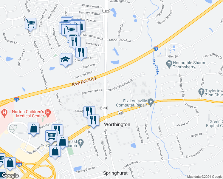map of restaurants, bars, coffee shops, grocery stores, and more near 10301 Trotters Pointe Drive in Louisville
