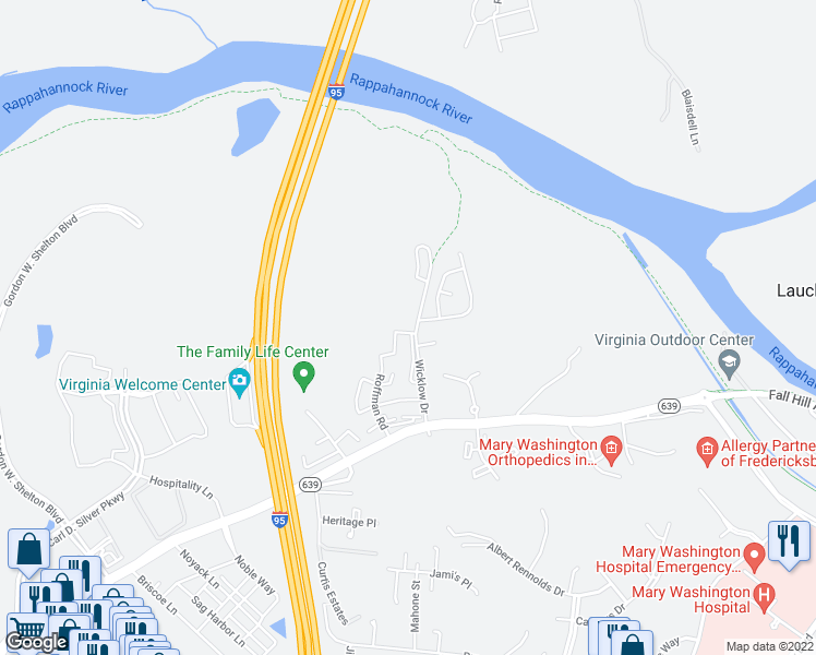 map of restaurants, bars, coffee shops, grocery stores, and more near 443 Rann Court in Fredericksburg