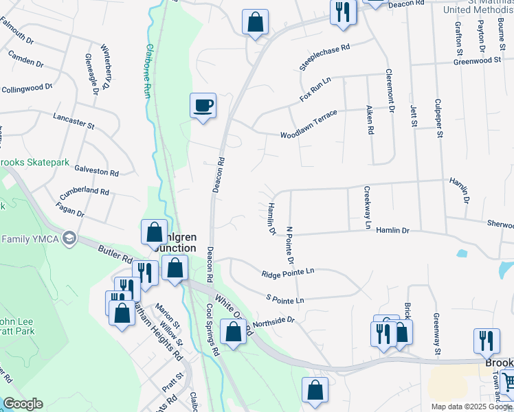 map of restaurants, bars, coffee shops, grocery stores, and more near 84 Hamlin Drive in Fredericksburg