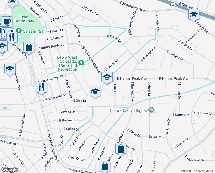 map of restaurants, bars, coffee shops, grocery stores, and more near 386 East Hahns Peak Avenue in Pueblo West