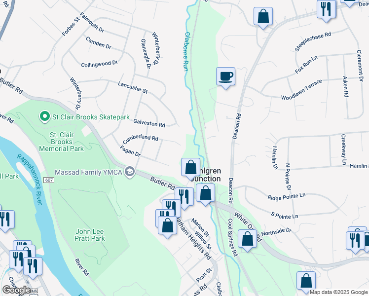 map of restaurants, bars, coffee shops, grocery stores, and more near 526 Cumberland Road in Fredericksburg