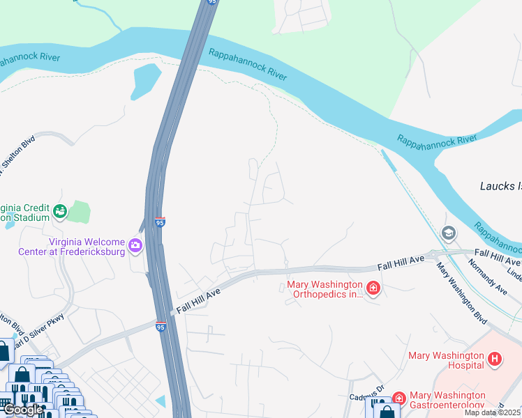 map of restaurants, bars, coffee shops, grocery stores, and more near 1046 Bakersfield Lane in Fredericksburg