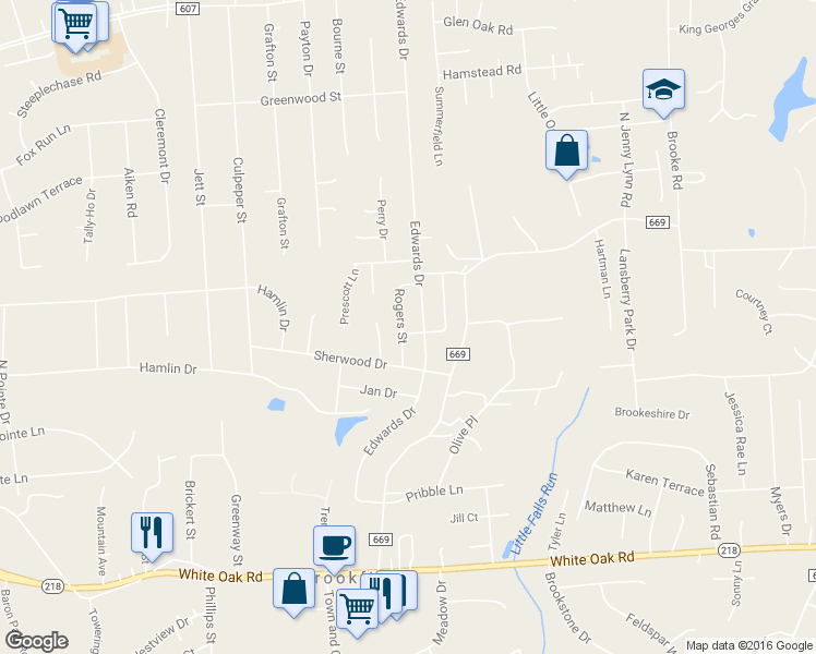 map of restaurants, bars, coffee shops, grocery stores, and more near 500 Rogers Street in Fredericksburg