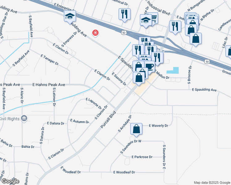 map of restaurants, bars, coffee shops, grocery stores, and more near 312 South Clarion Drive in Pueblo West