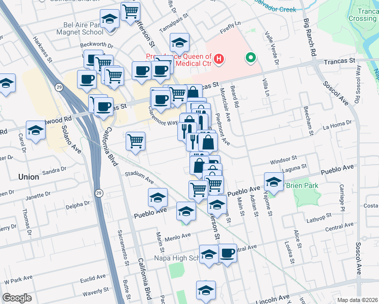 map of restaurants, bars, coffee shops, grocery stores, and more near 3196 Stuart Way in Napa