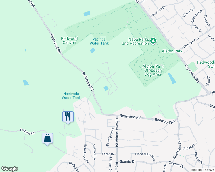 map of restaurants, bars, coffee shops, grocery stores, and more near 3100 Redwood Road in Napa