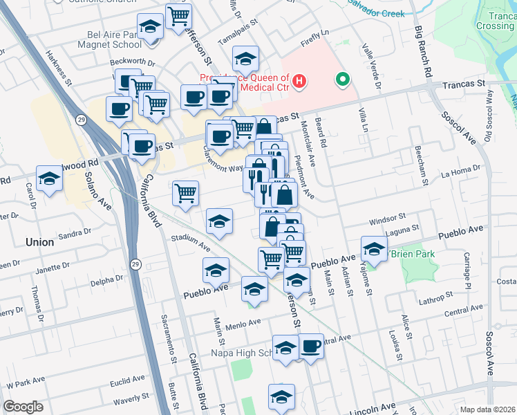 map of restaurants, bars, coffee shops, grocery stores, and more near 3196 Stuart Way in Napa