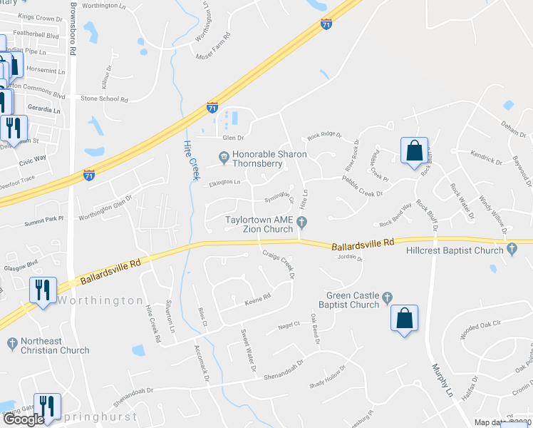 map of restaurants, bars, coffee shops, grocery stores, and more near 10905 Symington Circle in Louisville